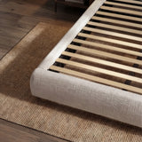 [King | Camel] Wooden slat mattress support inside upholstered bed frame with fabric-wrapped side rails