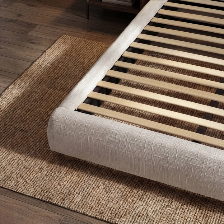 [King | Camel] Wooden slat mattress support inside upholstered bed frame with fabric-wrapped side rails