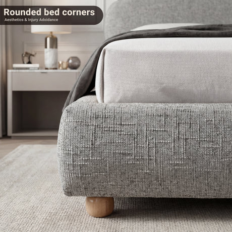 [King | Grey] Bed frame foot-end corner showing soft rounded edges and throw draped above