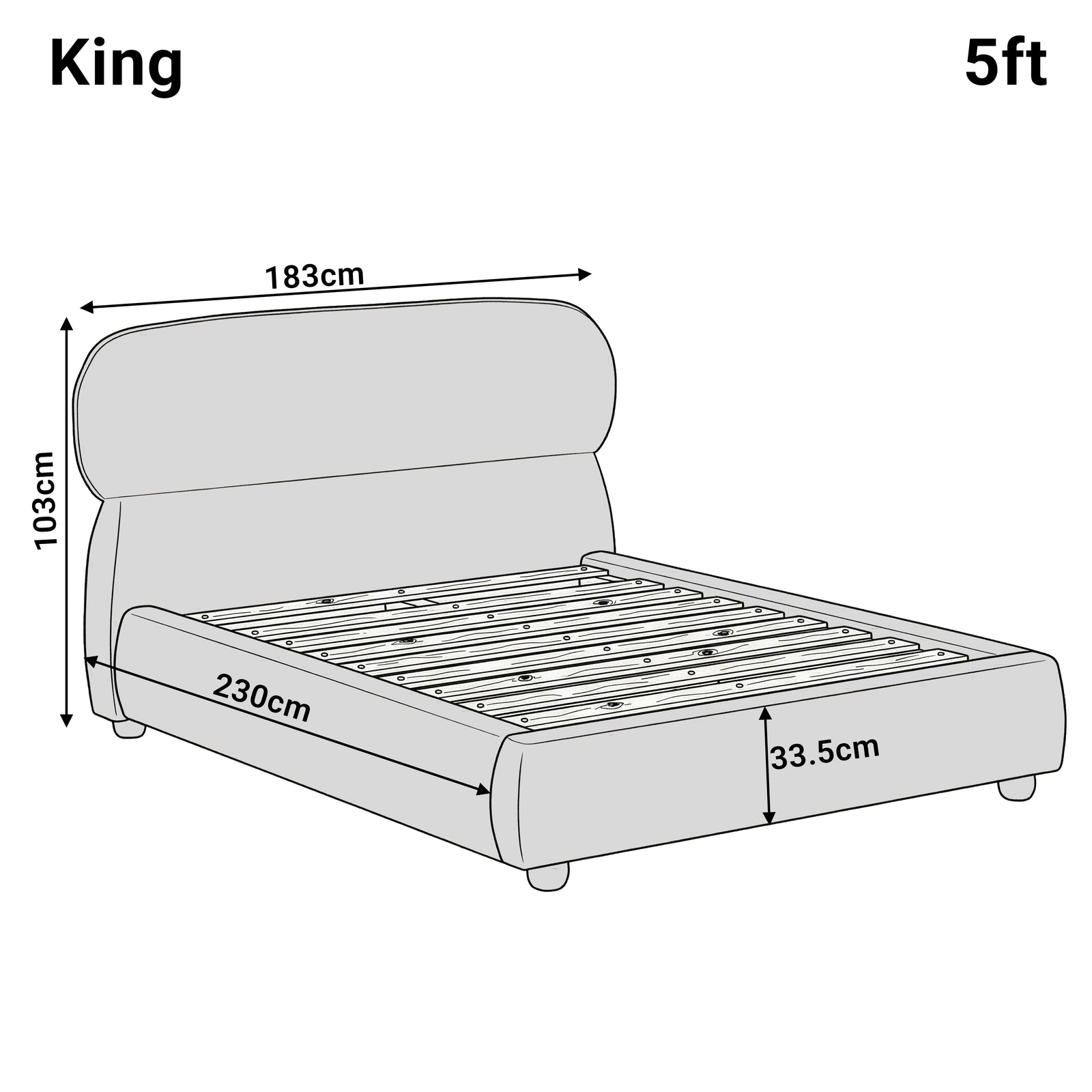 [King | Grey] Dimensions diagram showing 183cm width and 230cm length with 103cm headboard height