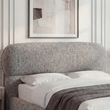 [King | Grey] Close-up of pill-shaped headboard showing woven linen-like fabric texture with rounded edges