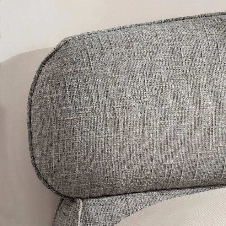[King | Grey] Close view of headboard curved upper edge showing soft padded profile and woven fabric texture
