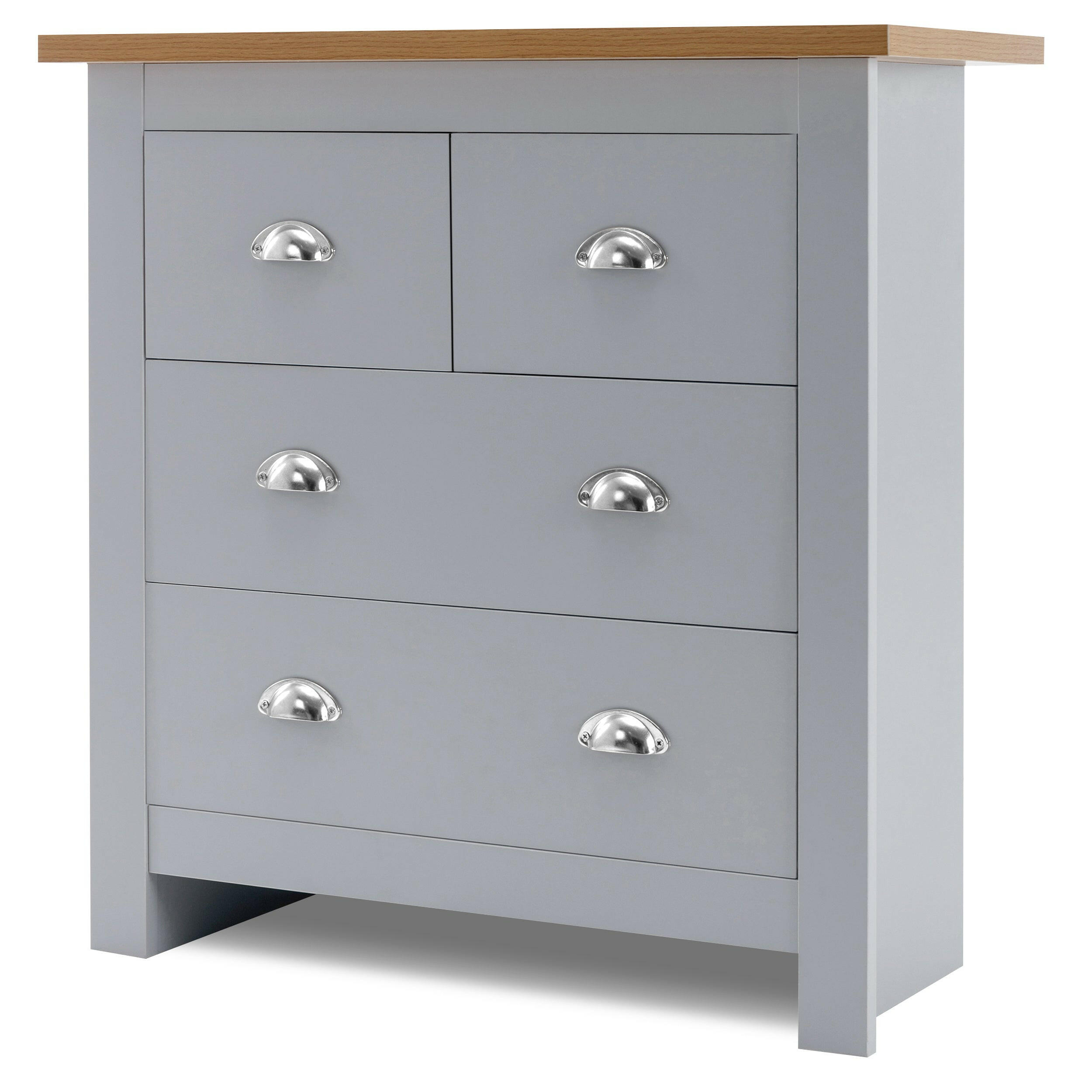 Set of 2 grey chest of drawers with oak top, modern and spacious bedroom storage.