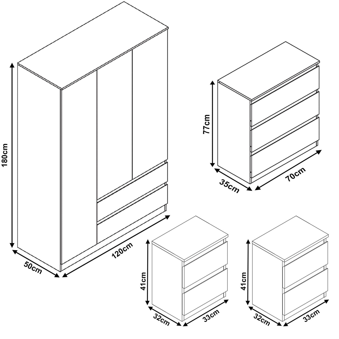 High Gloss 4 Piece Bedroom Set - Wardrobe & Chest of Drawers