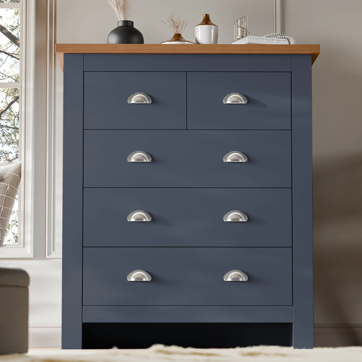 [Blue] Blue Shaker bedroom furniture set 5-drawer chest with round wood knobs and oak top