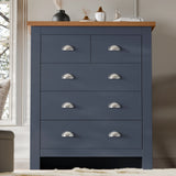 [Blue] Blue Shaker bedroom furniture set 5-drawer chest with round wood knobs and oak top
