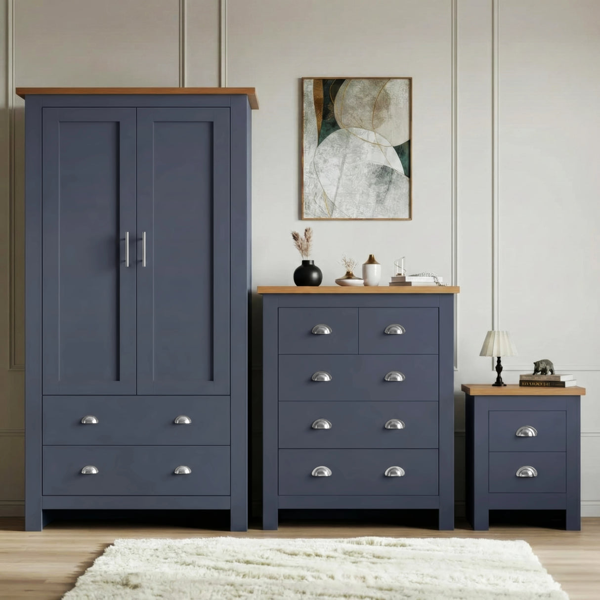 [Blue] Blue Shaker bedroom furniture set with oak top wardrobe, 2-over-3 chest and 2-drawer bedside