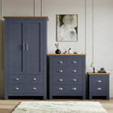 [Blue] Blue Shaker bedroom furniture set with oak top wardrobe, 2-over-3 chest and 2-drawer bedside