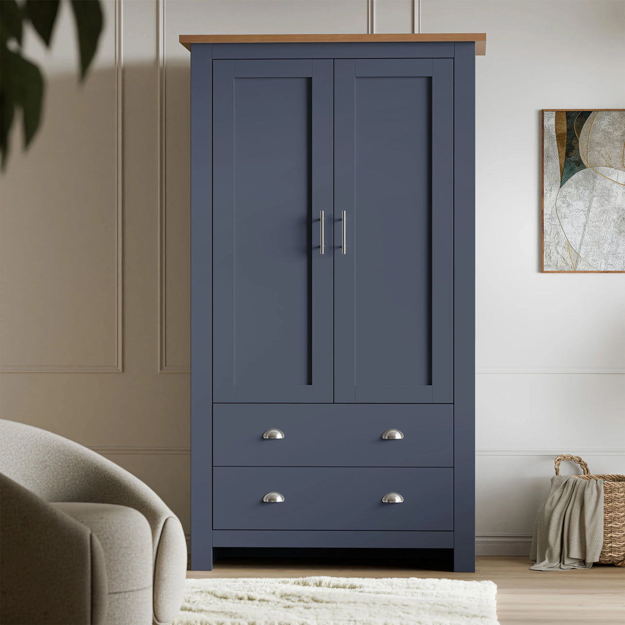 [Blue] Shaker bedroom furniture set wardrobe in blue with panel doors and oak veneer top