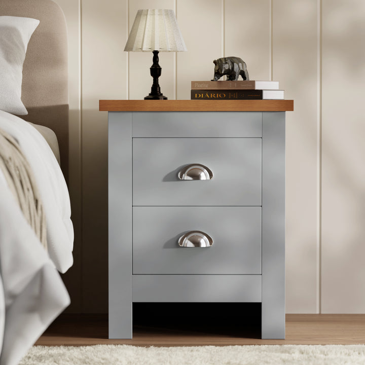 [Grey] Grey Shaker bedroom furniture set 2-drawer bedside table with oak top