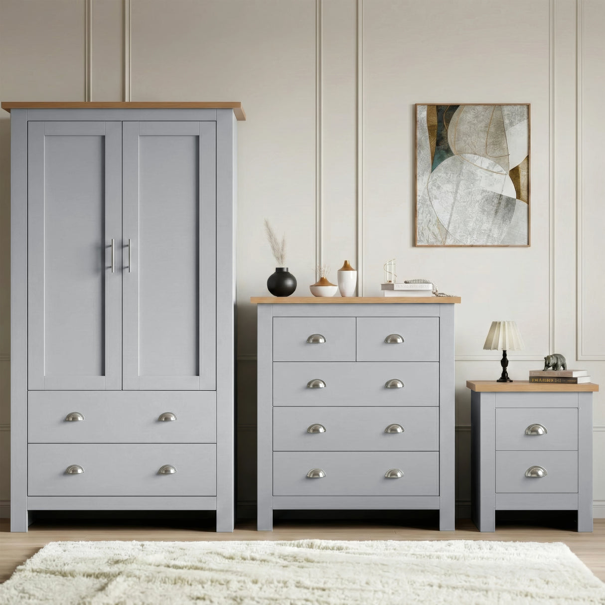 [Grey] Shaker bedroom furniture set in grey grouping wardrobe chest and bedside on white