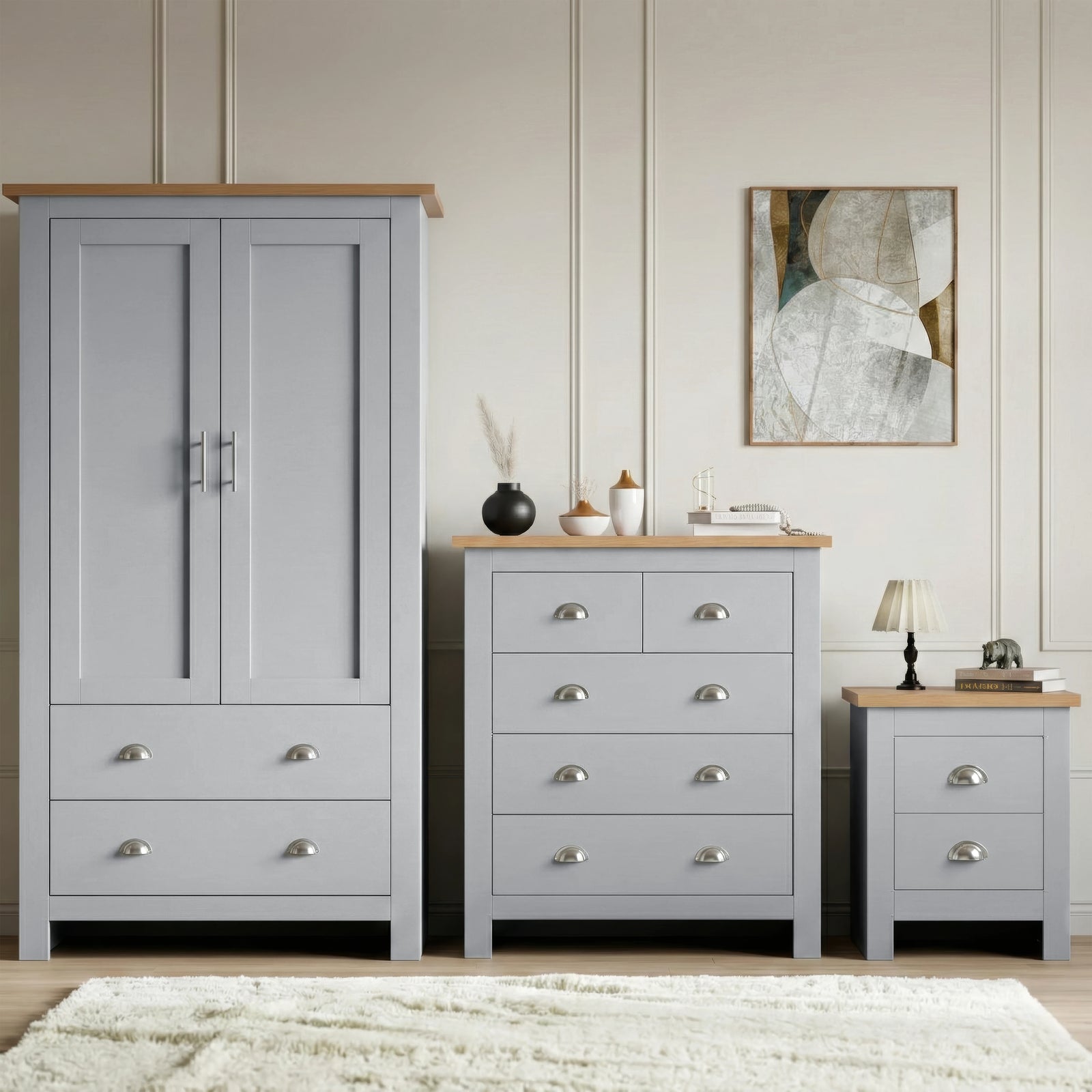 [Grey] Shaker bedroom furniture set in grey grouping wardrobe chest and bedside on white