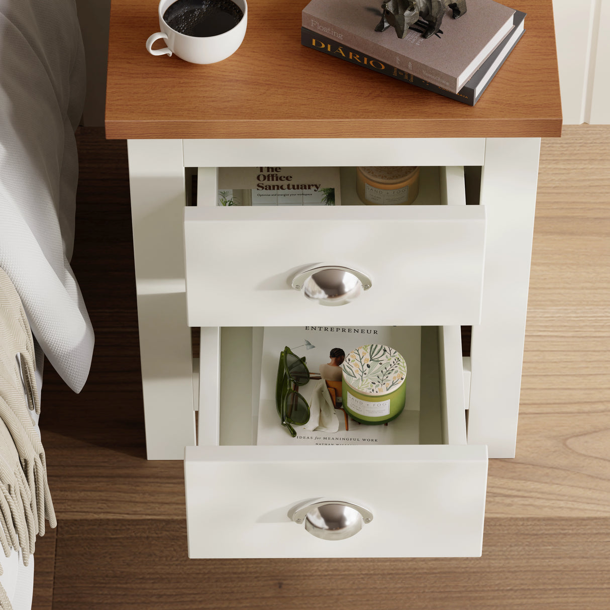 [White] White Shaker bedroom furniture set bedside table with both drawers open