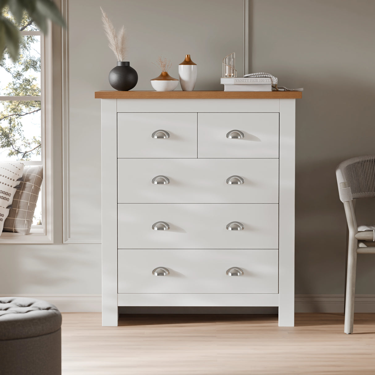 [White] White Shaker bedroom furniture set 5-drawer chest with round wood knobs and oak top