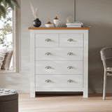 [White] White Shaker bedroom furniture set 5-drawer chest with round wood knobs and oak top