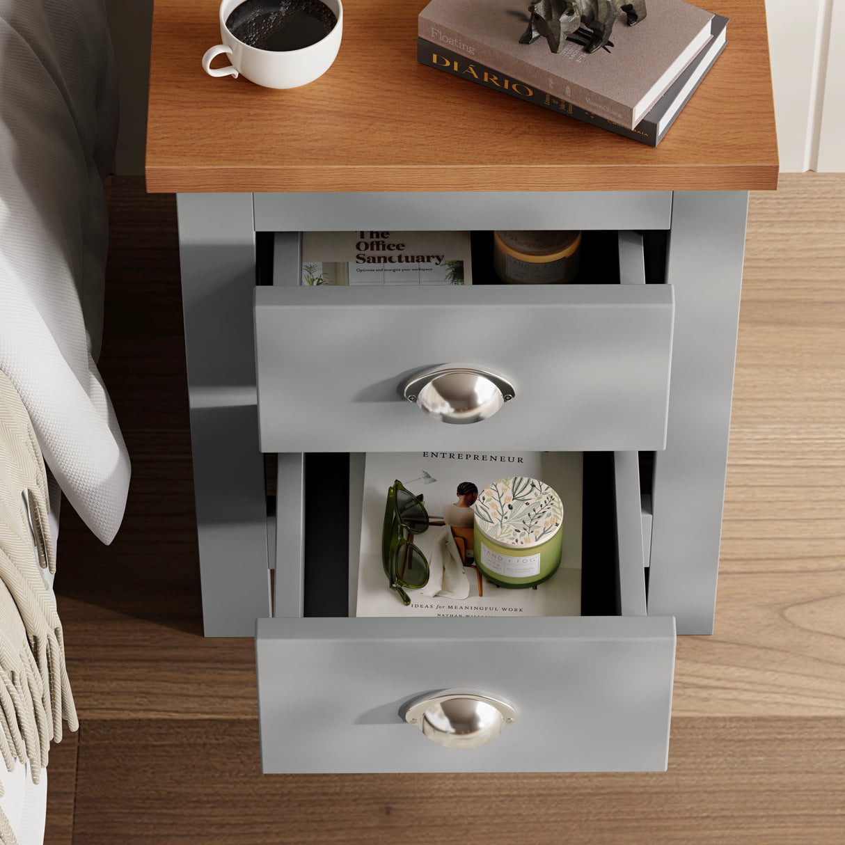 [Grey] Open Grey Shaker bedroom furniture set chest of drawers revealing storage capacity
