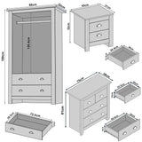 [Blue] Sizing diagram with wardrobe 86 x 52 x 180 cm, 4 drawer chest 75 x 38 x 81 cm and bedside 45 x 37 x 52 cm