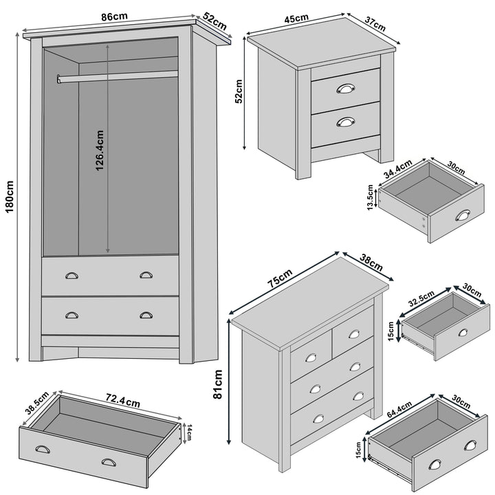 [Blue] Sizing diagram with wardrobe 86 x 52 x 180 cm, 4 drawer chest 75 x 38 x 81 cm and bedside 45 x 37 x 52 cm