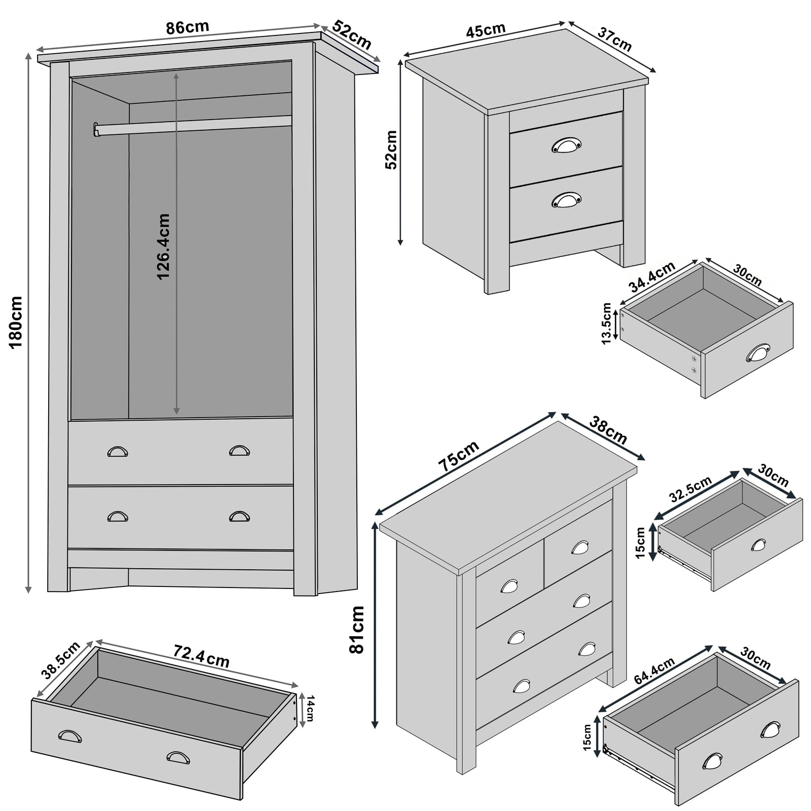 [Grey] Sizing diagram with wardrobe 86 x 52 x 180 cm, 4 drawer chest 75 x 38 x 81 cm and bedside 45 x 37 x 52 cm