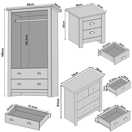 [White] Sizing diagram with wardrobe 86 x 52 x 180cm, 4 drawer chest 75 x 38 x 81 cm and bedside 45 x 37 x 52 cm