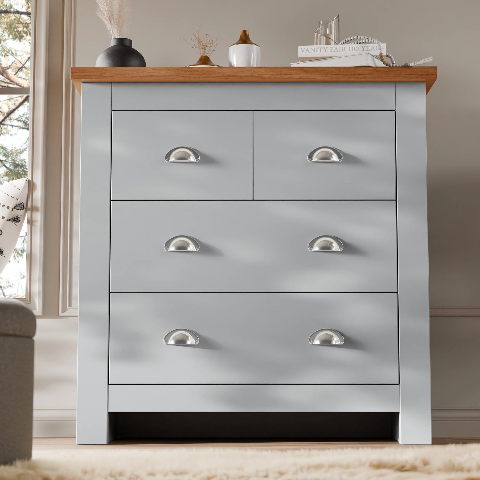 [Grey] Grey Shaker 4 drawer chest, 2 narrow drawers above 2 wide drawers, oak top and cup handles
