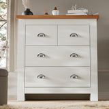 [White] Shaker chest of drawers in white with decor cluster on the oak top and panelled wall behind