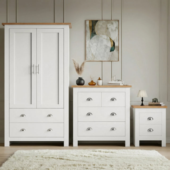 [White] Shaker white wardrobe, 4 drawer chest and 2 drawer bedside grouped on shaggy rug with oak tops