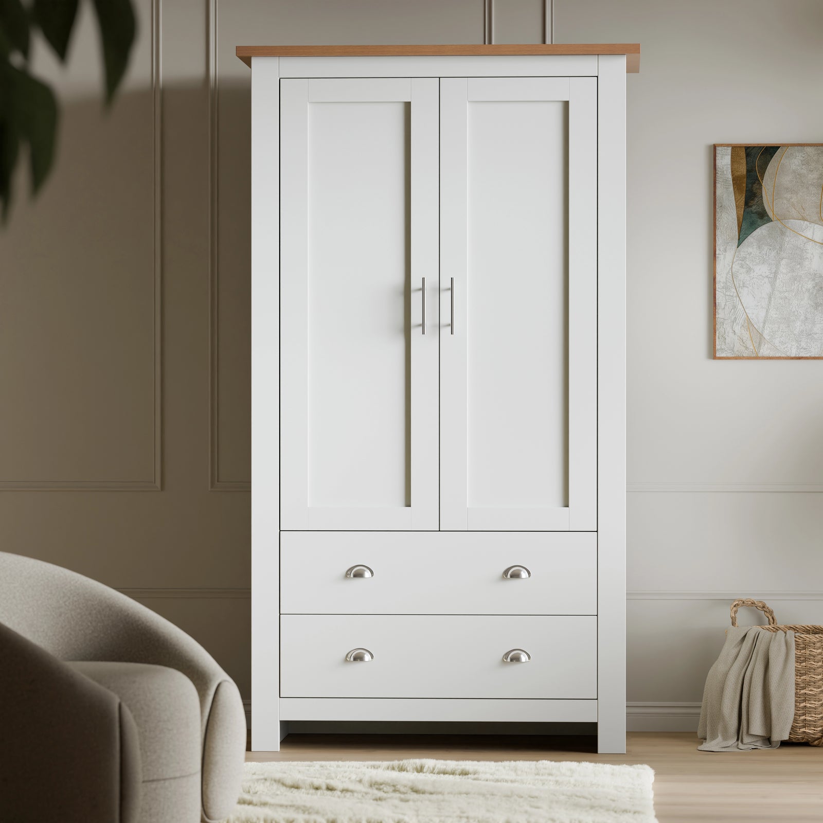[White] Front view of white wardrobe in Shaker style, central chrome bar handles between the two upper doors