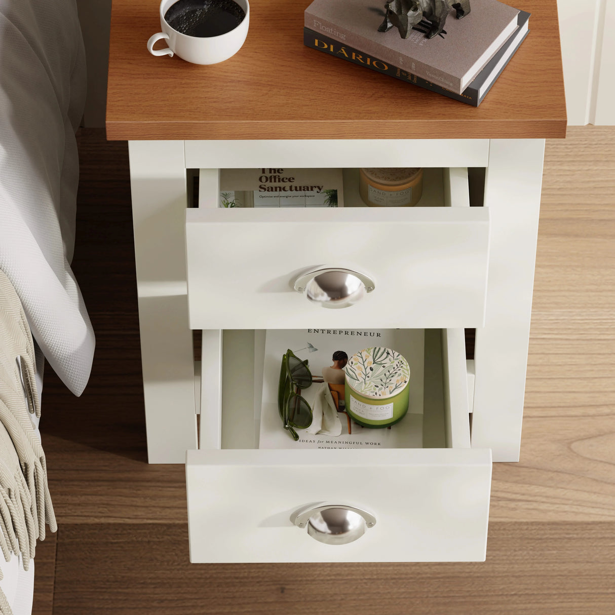 [White] White 2 drawer bedside drawers open showing magazines candle Shaker bedroom furniture set