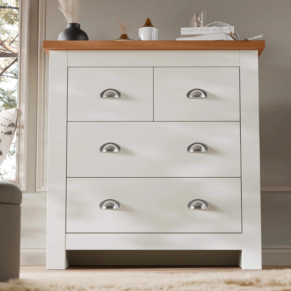 [White] Front view of white Shaker chest of drawers two small over two large with oak effect top
