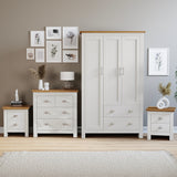 Shaker 4 Piece Bedroom Set in white with 3 door wardrobe, chest of drawers, and 2 bedside tables. Modern design with oak tops and silver handles.