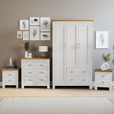 Shaker 4 Piece Bedroom Set in white with 3 door wardrobe, chest of drawers, and 2 bedside tables. Modern design with oak tops and silver handles.