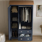 [Blue] Three door Shaker wardrobe in blue opened revealing storage layout part of bedroom furniture set