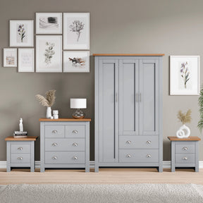 [Grey] Shaker bedroom furniture set in grey with wardrobe chest and bedside under framed gallery wall