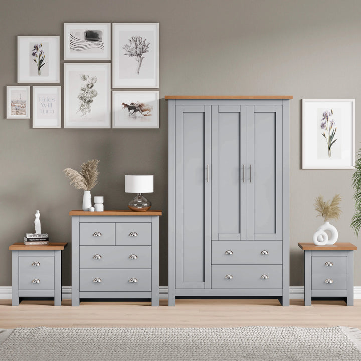 [Grey] Shaker bedroom furniture set in grey with wardrobe chest and bedside under framed gallery wall