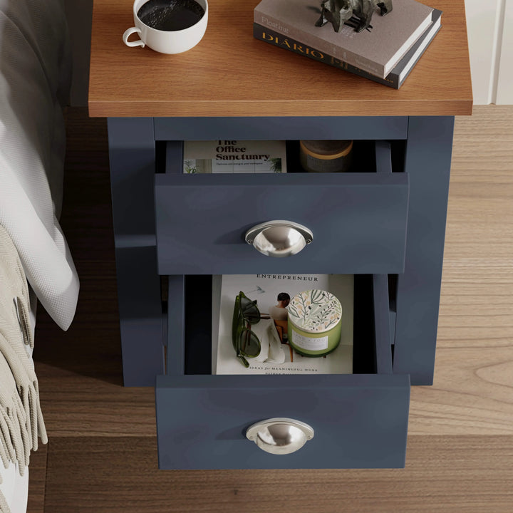 [Blue] Top angle navy 2 over 2 chest with drawers extended on Shaker bedroom furniture set with keys book