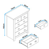 [Grey] Sizing for 5 drawer chest showing two narrow drawers above three wider drawers