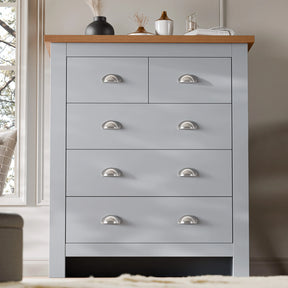 [Grey] Shaker 5 drawer chest with oak top, cup handles and panel drawer fronts