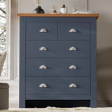 [Navy] Shaker 5 drawer chest with oak top, silver cup handles and recessed panel fronts