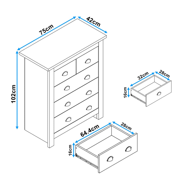 [White] Line drawing shows 5 drawer chest sized 75 cm wide, 42 cm deep and 102 cm high