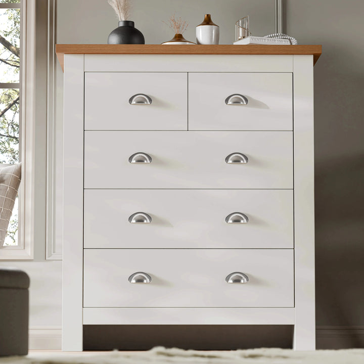 [White] Shaker 5 drawer chest with oak top, cup handles and 2-over-3 panel fronts on plinth base