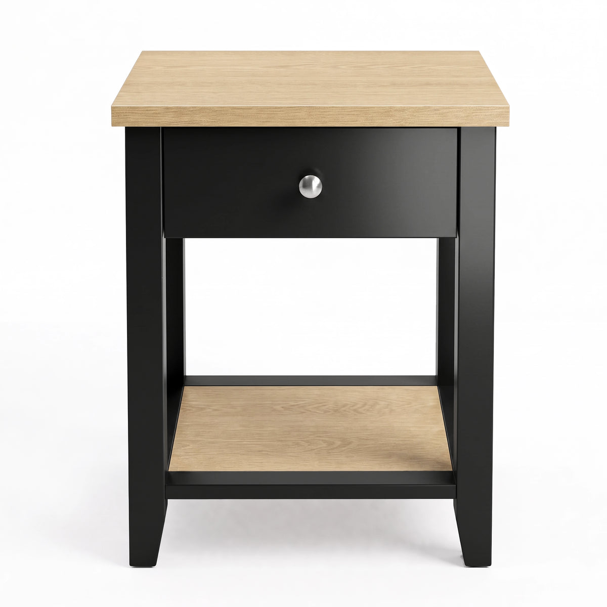 [Black] Front view showing the bedside table with centered drawer, open lower shelf and oak-effect top
