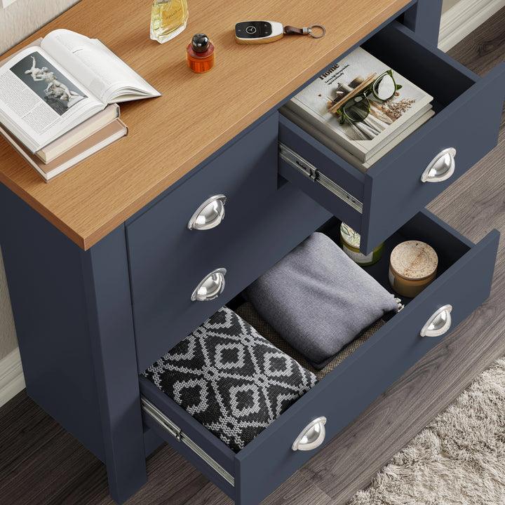 [Blue] Blue Shaker chest of drawers all 4 drawers open, folded throw and magazines inside, oak top 75cm wide