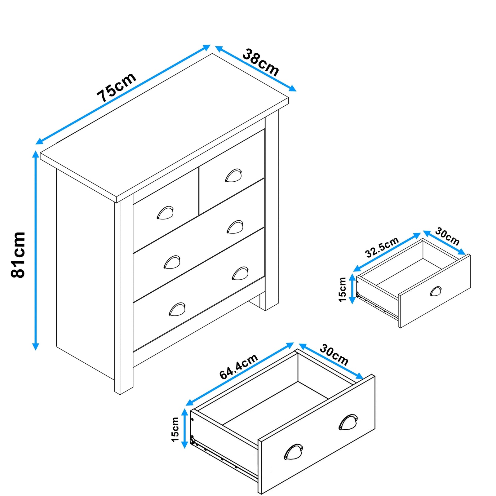 [Grey] Dimension sheet Shaker chest of drawers with 75cm width, 38cm depth, 81cm height plus drawer sizes