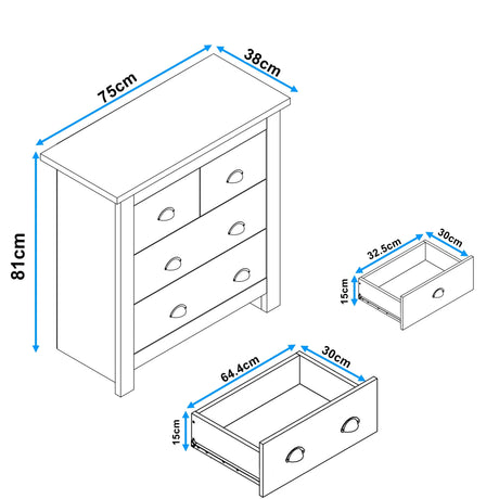 [Grey] Technical drawing with measurements 75 by 38 by 81cm plus small drawer 32.5x30x15cm and large 64.4x30x15cm