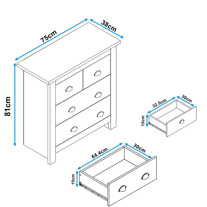 [White] Shaker chest of drawers diagram: 75cm wide, 38cm deep, 81cm tall; small drawer 32.5x30x15cm