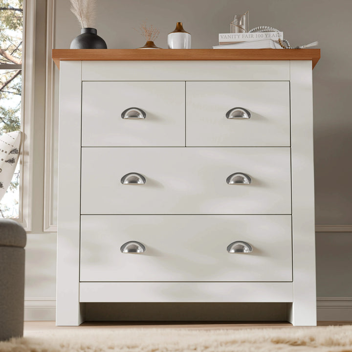 [White] Shaker chest of drawers face view in bedroom, white finish, oak top, 2 small and 2 wide cup-pull drawers