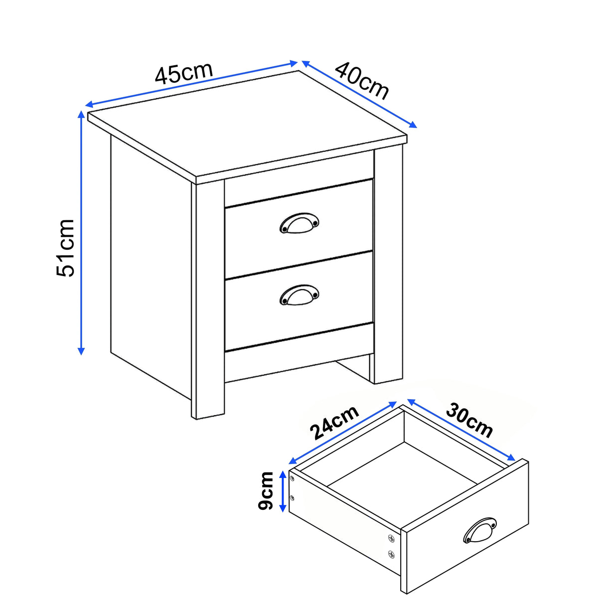 Dimensions of a small wooden nightstand with two drawers