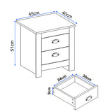 Dimensions of a small wooden nightstand with two drawers