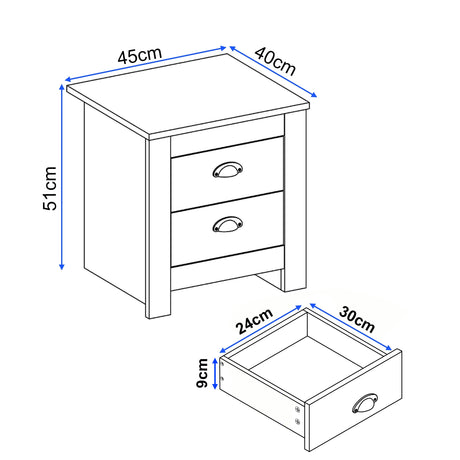 Dimensions of a small wooden nightstand with two drawers